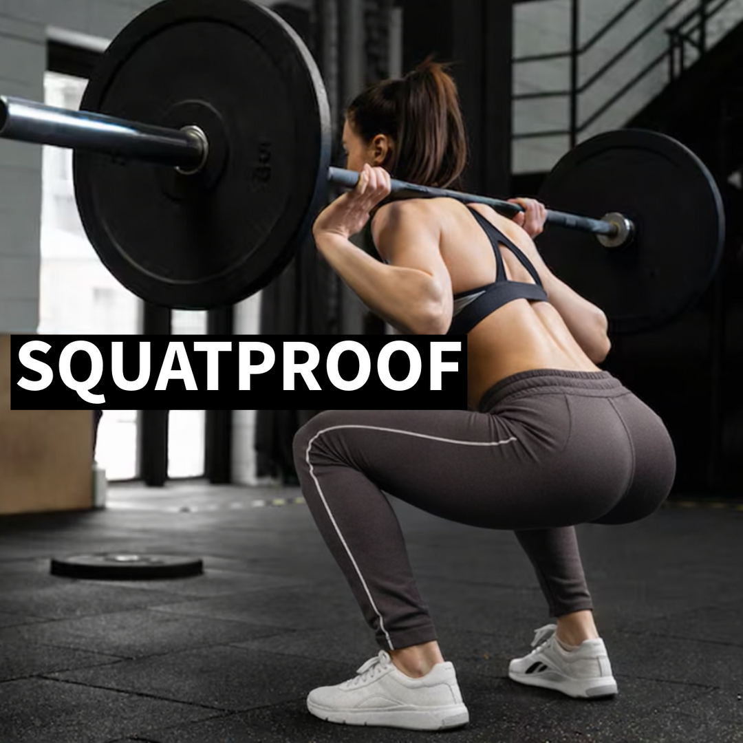 photo of woman doing squat in a squatproof trainingspants grey