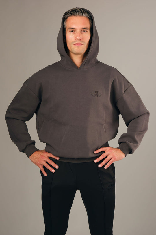 Hoodie G2 voor heren – luxe grijze oversized hoodie met embossed logo,  cropped. perfect voor gym, sporten, koffiedrinken of casual wear